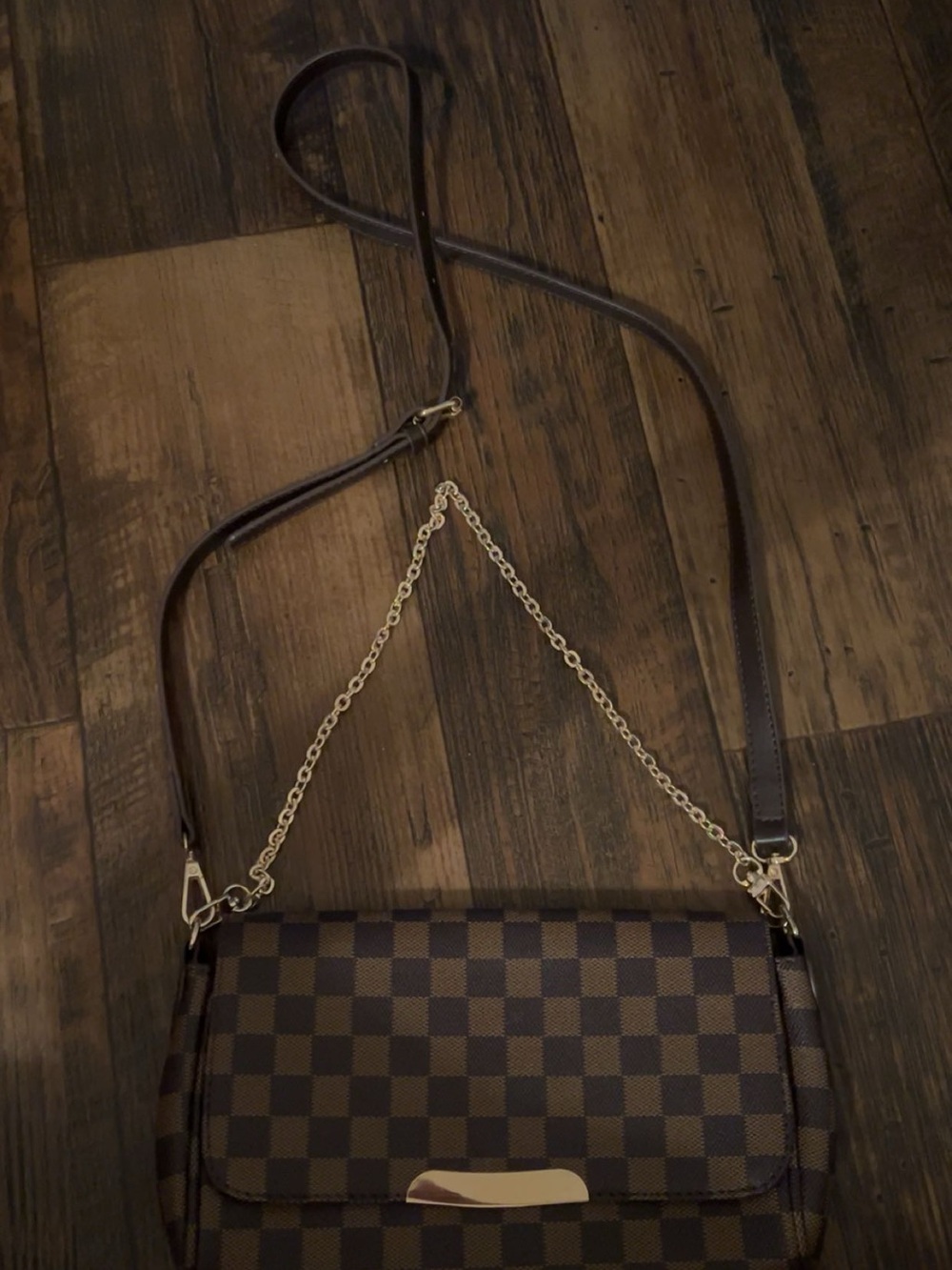 Brown Checkered Crossbody Bag with Chain Accent